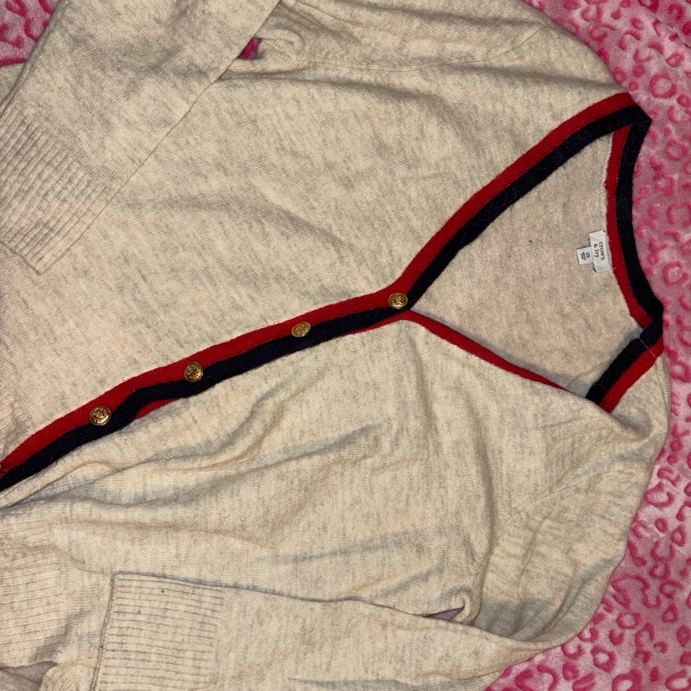 Crown & Ivy Cream Cardigan with Red and Navy Trim